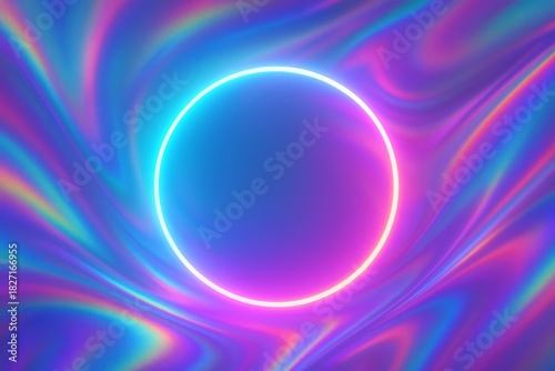 Colorful, glowing circle is the main focus of this image. The circle is surrounded by a purple and blue background, which gives the impression of a swirling, dynamic space