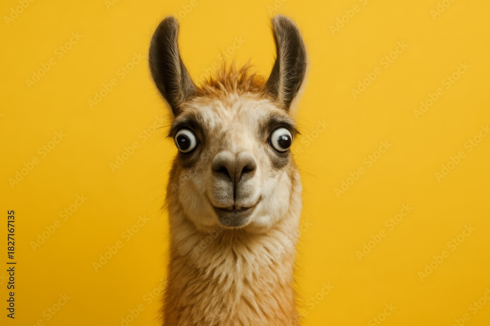 Naklejka premium Llama with big eyes and a goofy expression is staring at the camera. The yellow background adds a playful and cheerful mood to the image