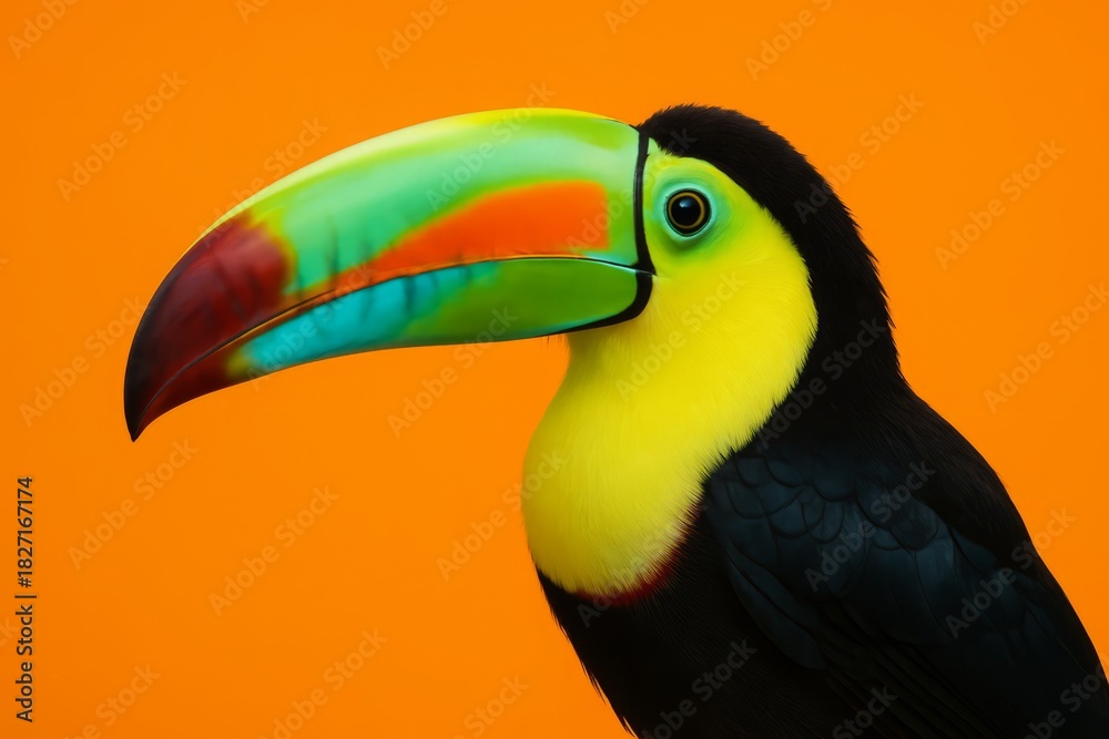 Naklejka premium Colorful bird with a long beak stands on an orange background. The bird's bright colors and long beak make it stand out against the orange background