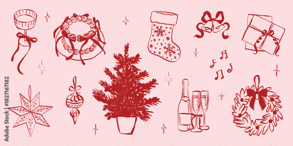 Fototapeta premium Whimsical chalk doodle illustration of Christmas party essentials with festive bows, vintage food sketches, champagne glasses, and holiday dinner table decorations