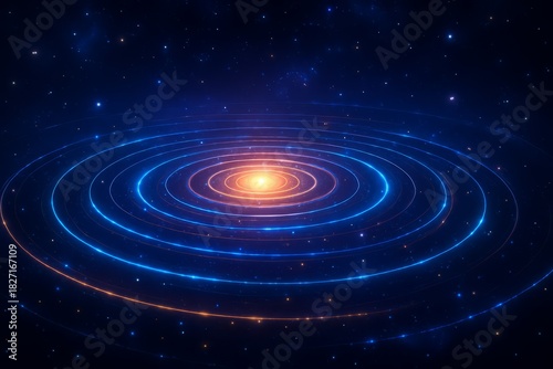 Blue and orange spiral with stars in the background. The spiral is lit up and he is glowing