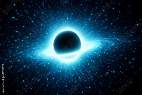 Blue and white space with a black hole in the center. The black hole is surrounded by a bright blue and white swirl
