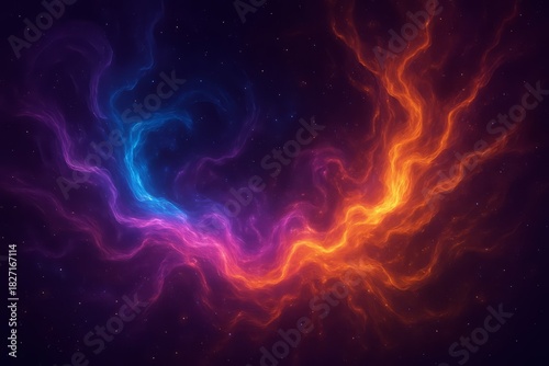Colorful space with a purple and blue swirl and orange and red swirl. The swirls are in the middle of the image and are surrounded by stars