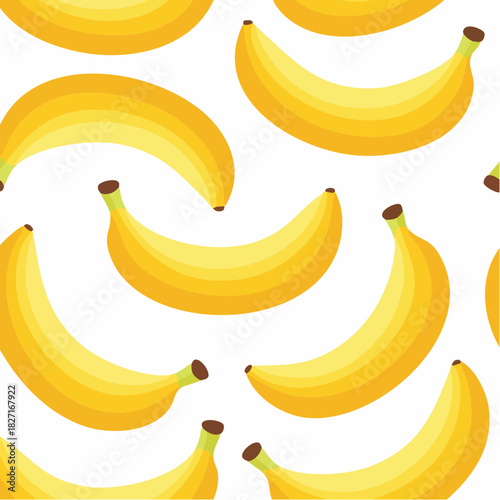 Flat lay of multiple yellow bananas arranged randomly on a white background with brown tips.