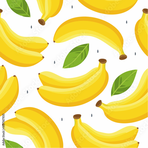 Pattern of yellow bananas and green leaves on a white background with water droplets, a flat lay composition with a playful and fresh mood.
