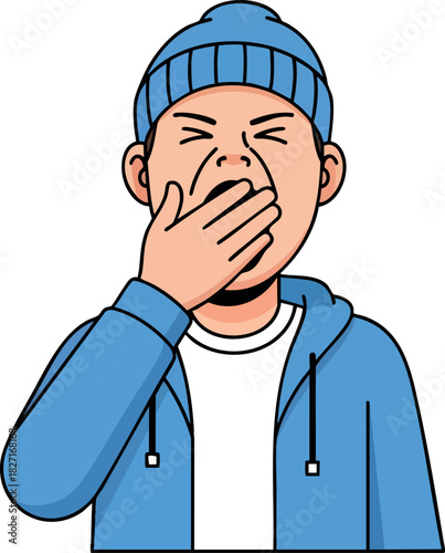 Tired Young Man Yawning in Blue Beanie and Hoodie