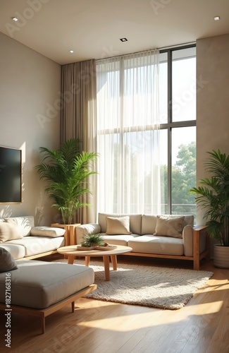 Minimalist living room features beige sectional sofa, wood coffee table, fluffy rug, and large windows with sheer curtains. Tall potted palm plants add lush greenery. Natural light fills space.