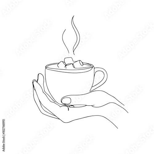 Hand holding hot drink in minimalist line art