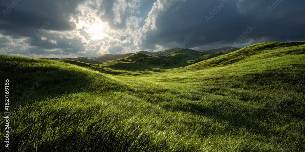 Obraz premium Lush green grassland under dramatic cloudy sky with sunlight breaking through clouds creating contrast and peaceful mood