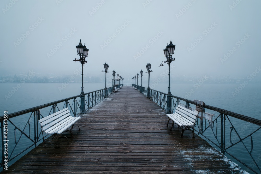 Obraz premium A pier stretching into foggy waters lined with antique street lamps and benches