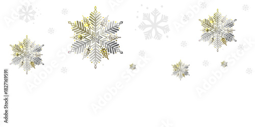 Metallic gold and silver ornamental snowflakes falling on a white background.