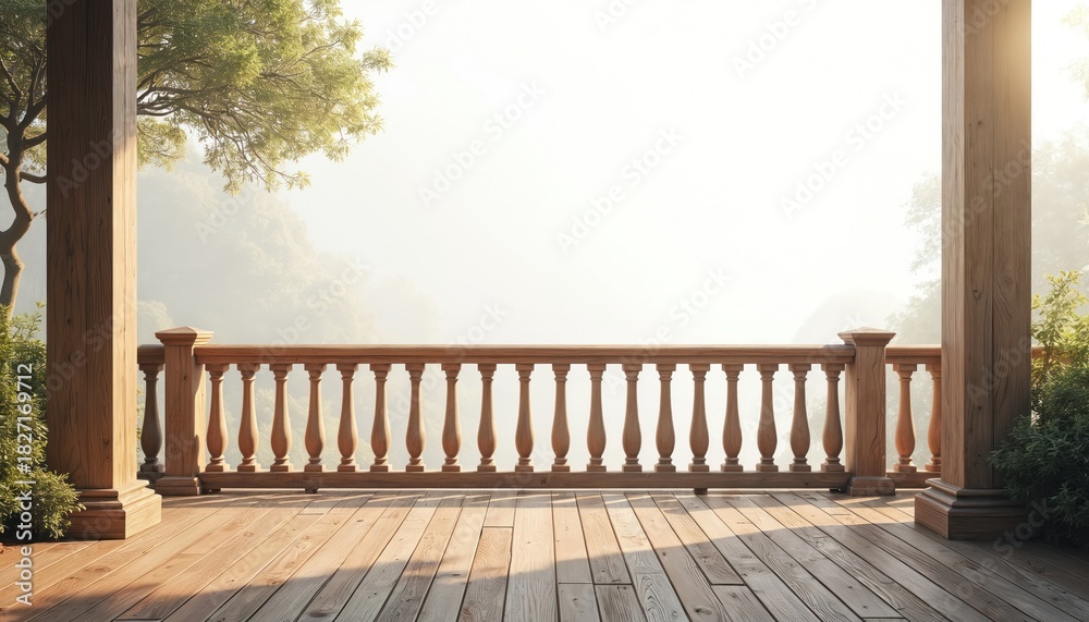 Obraz premium Wooden terrace with balustrade overlooking soft focus misty landscape. Architecture includes columns wooden floor, railing. Natural light, calm mood on patio at sunrise. Serene morning view from