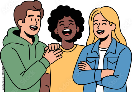 Friends in harmony: A friendly embrace of three persons sharing laughter, creating a moment of togetherness and joy, emphasizing the bonds of friendship.
