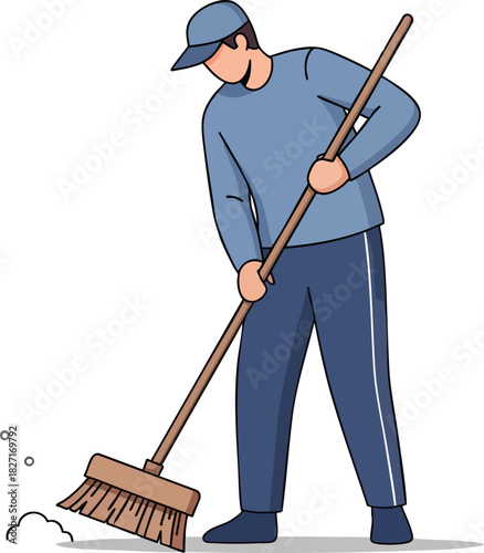 Custodian at Work: A diligent custodian, dressed in a muted blue uniform, efficiently sweeps the floor, showcasing dedication to cleanliness and maintenance.