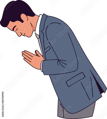 Respectful Bow: A man in a suit elegantly performs a respectful bow, demonstrating a gesture of politeness and humility. Demonstrating cultural etiquette and sincere respect.