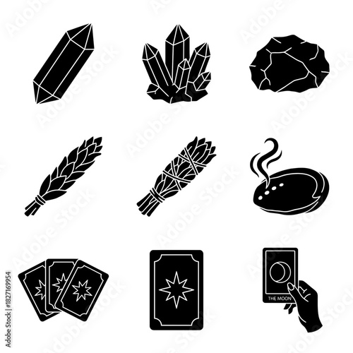 Icon set of crystals, herbs, and tarot cards on a plain background  