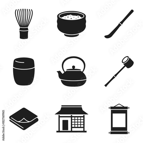 Icon Set of Traditional Japanese Tea Ceremony Elements  