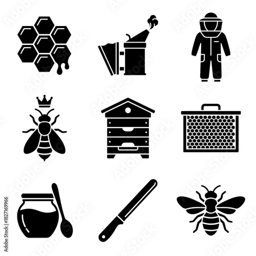 Icon Set of Beekeeping Elements in Black Silhouette Style  