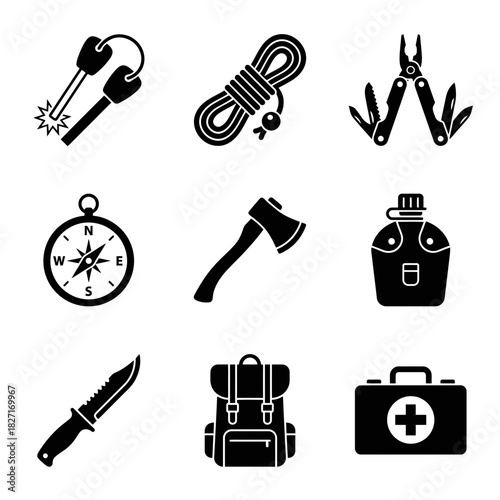 Icon Set of Outdoor Adventure Tools and Gear  
