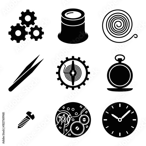 Icon Set of Mechanical Tools and Timepieces in Black Style  