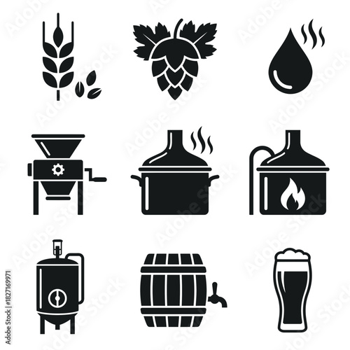 Icon Set of Beer Brewing Equipment and Ingredients  