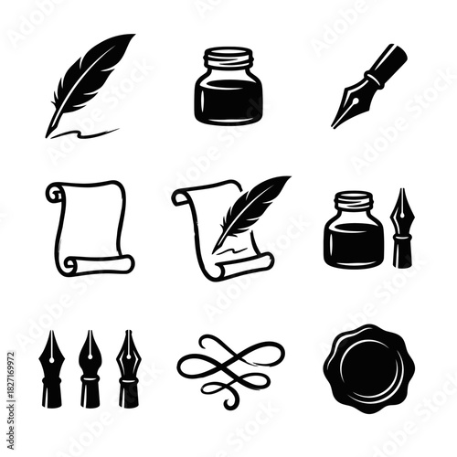 Ink and Quill Icon Set in Black and White for Creative Design  
