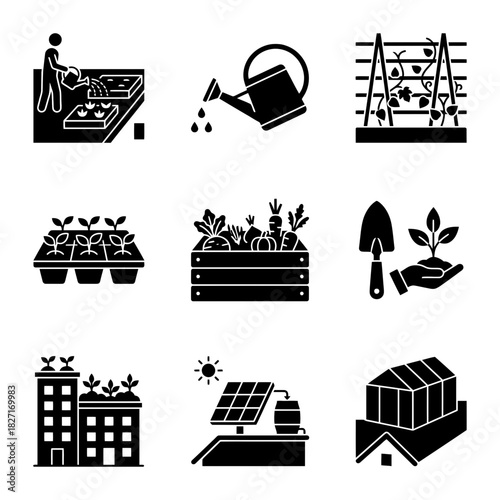 Icon Set of Gardening Activities and Tools in Black  