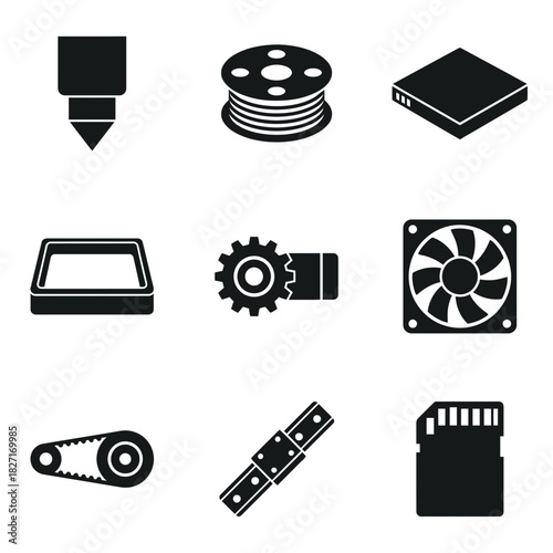 Icon Set of Various Mechanical Components in Vector Style  