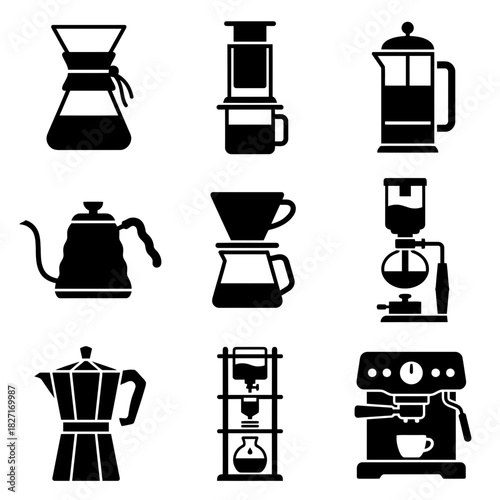 Icon Set of Coffee Brewing Equipment in Black Silhouette Style  