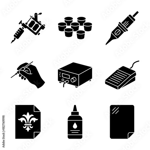 Icon Set of Tattoo Equipment and Supplies  