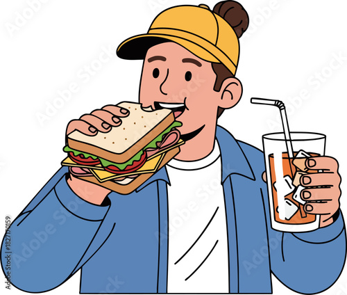 Lunchtime Delight: A cheerful individual savors a hearty sandwich and a refreshing beverage, indulging in the simple pleasure of a satisfying meal.