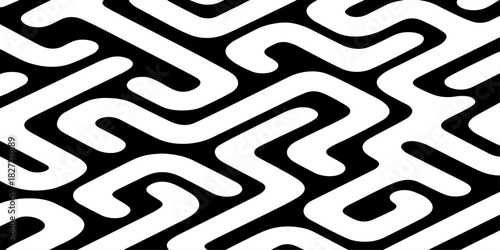A seamless abstract geometric pattern composed of thick black rounded lines arranged diagonally across a light cream background.