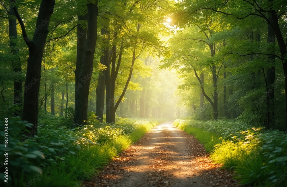 Obraz premium Sunlight streams through rich green forest illuminating dirt path. Tall trees line walkway surrounded by vibrant foliage. Peaceful nature scene perfect for outdoor recreation and eco themes.