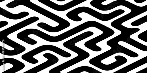 A seamless abstract geometric pattern composed of thick black rounded lines arranged diagonally across a light cream background.