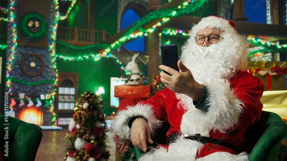 Obraz premium Upbeat Santa Claus doing videocall with kids using smartphone, bringing joy. Santa Claus entertaining children during phone videoconference, spreading sense of wonder during Christmas, camera A