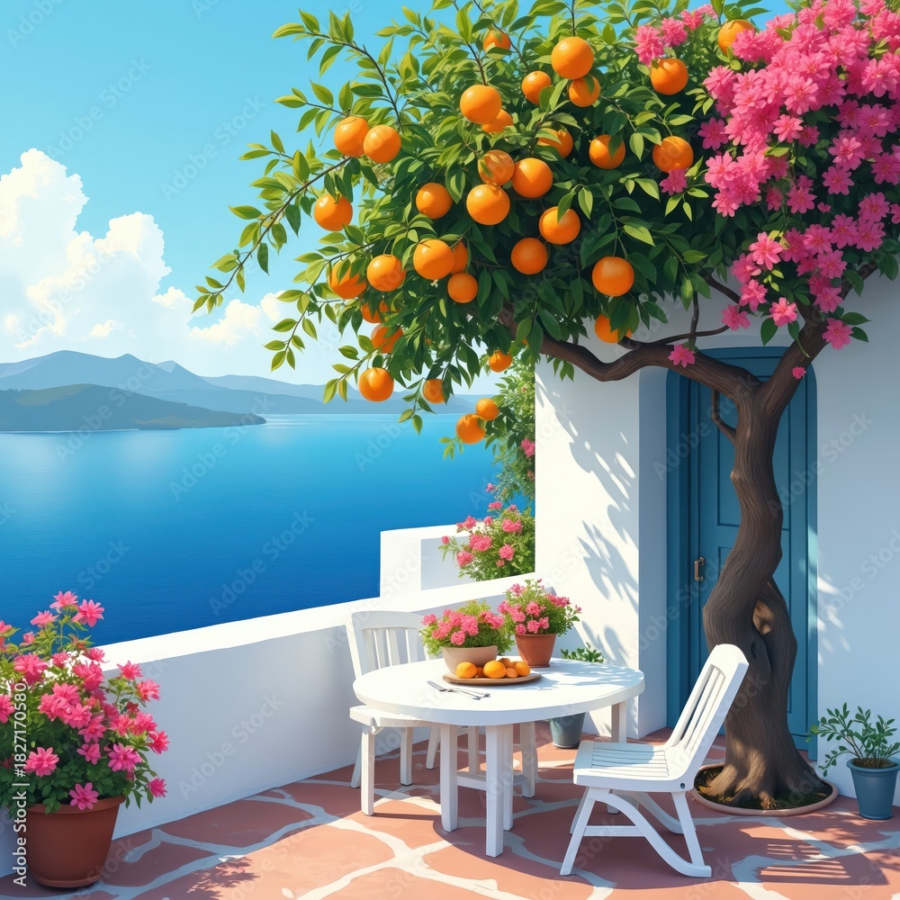 Obraz premium Orange tree with ripe fruits grows on white terrace overlooking blue sea. Pink flowers adorn balcony with table and chairs. Gentle ocean breeze cools summer vacation spot.