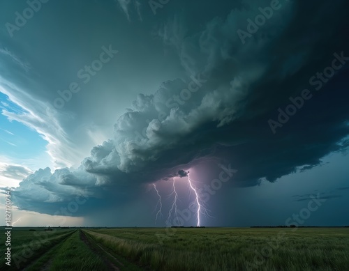Dramatic stormy weather over grassy plains. Lightning strikes from storm clouds over flat terrain. Landscape view of dangerous weather. Natural disaster risk near farmland during lightnings,