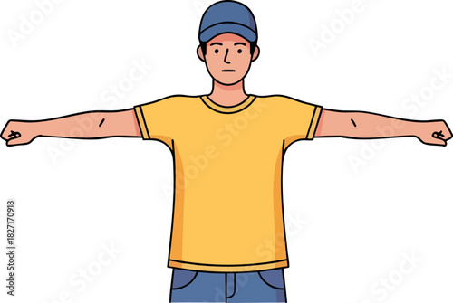 Confident Direction: A focused individual in casual attire, arms outstretched in a gesture of guidance or control, stands poised with determination. 