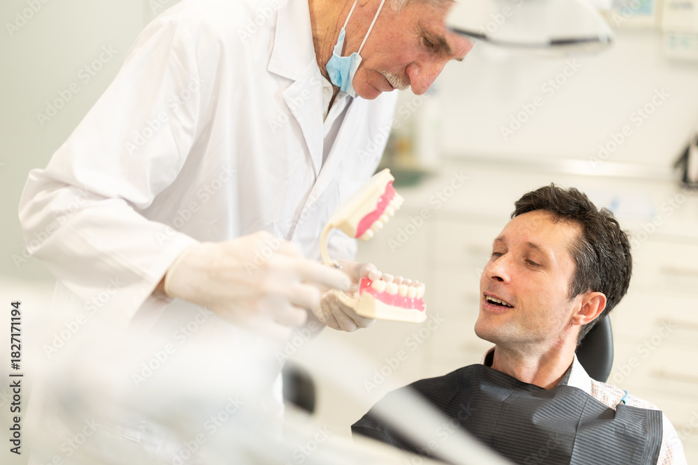Fototapeta premium Elderly male dentist show dental model of teeth to adult male patient in office