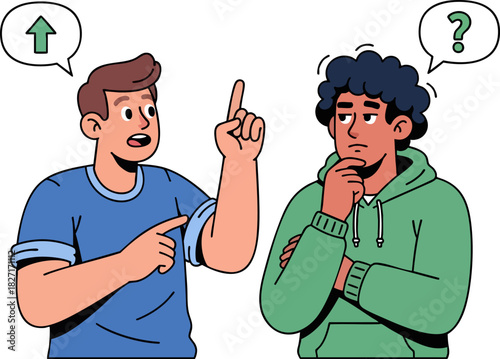 Communication Dynamics: Two figures engage in a lively conversation, one pointing upwards with confidence, while the other contemplates a question mark.