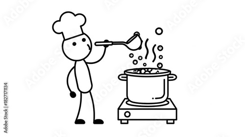 Happy Stickman Chef Character Stirring Boiling Water In A Pot On A Stove Top With Bubbles And Steam White Background Simple Line Art Animation