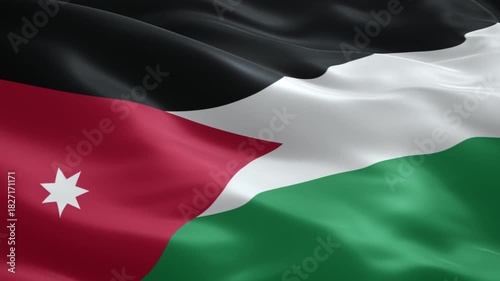 Waving flag of jordan with its distinct black, white, green stripes and red triangle featuring a white seven-pointed star, representing the nation's heritage and unity