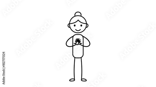 Lively Cartoon Senior Woman Performing Breathing Exercises with Arms Raised on Isolated White Background Simple Line Drawing Animation Style