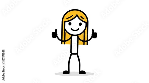 Lively cartoon stick figure woman with blonde hair giving two thumbs up in white background with simple shadows dynamic pose conveying approval and positivity