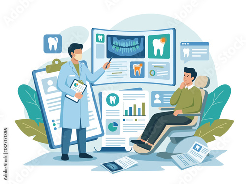 Dentist explaining panoramic dental xray results to a patient in a modern clinic. Flat Vector Illustrations. EPS Editable