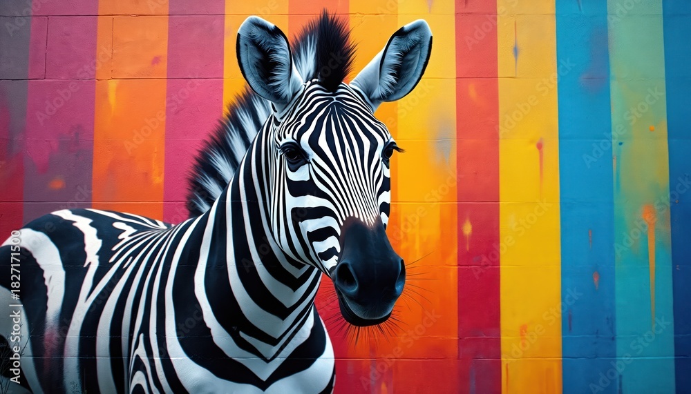 Naklejka premium Zebra stands before vibrant wall art. Black and white zebra painting shows stripes. Colorful rainbow wall shows modern design. Artwork depicts nature meets urban setting. Zebra animal mural art.