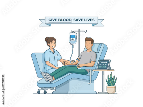 Young man donating blood in a medical chair with a nurses assistance. Flat Vector Illustrations. EPS Editable