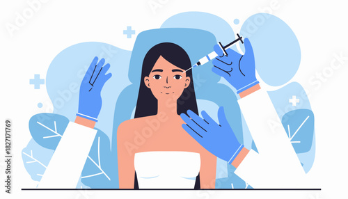 Young woman receiving a cosmetic facial injection treatment from a cosmetologist. Flat Vector Illustrations. EPS Editable