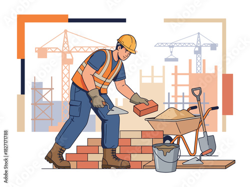 Male construction worker in safety gear laying bricks. Flat Vector Illustrations. EPS Editable