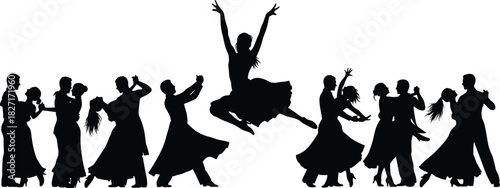 Group of elegant dancers in various ballroom and ballet poses, dynamic silhouette illustration showing dance movement, performance art and choreography concept